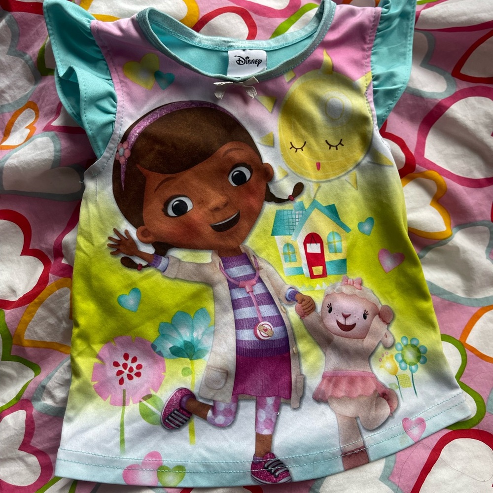 Disney Jr Doc McStuffins Lambie Pajama Top Toddler Girls 2T Teal Graphic T Y2K